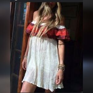 Jen's Pirate Booty Mini Dress/Tunic Cream Coral Off Shoulder Boho 100% Cotton OS